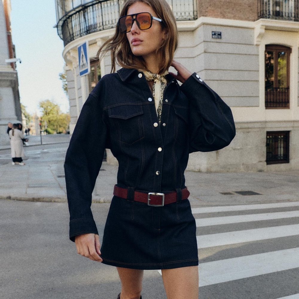 NWT ZARA Z1975 SHORT DENIM BELTED DRESS S